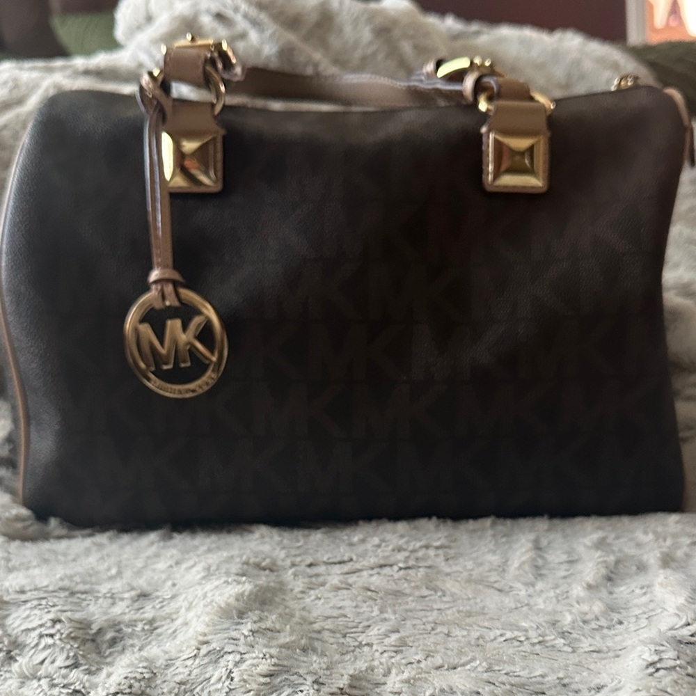 Michael Kors Brown Monogram Satchel with Gold Hardware